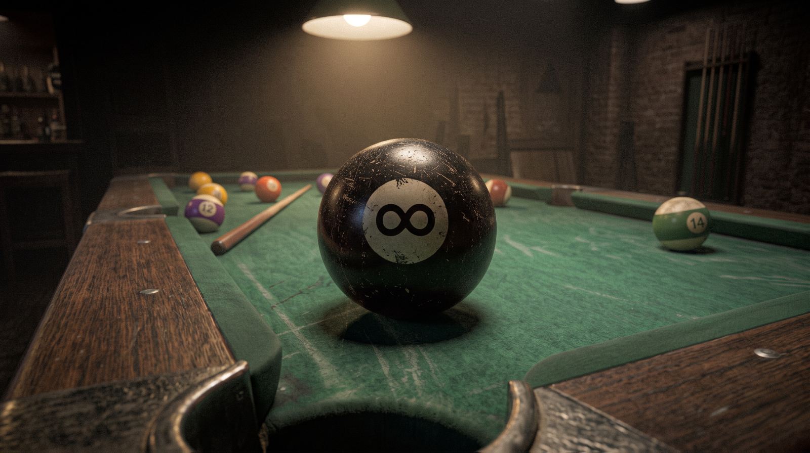 A black infinity ball on a green billiard table in a dim room.